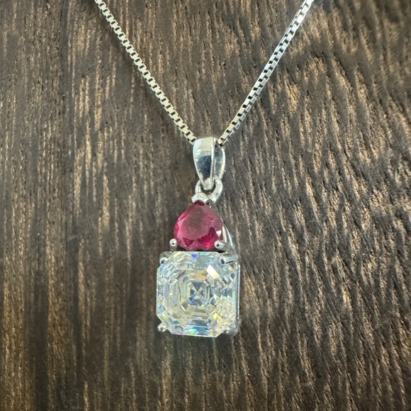 Vintage BBJ Strontium Titanate & Ruby Rhodium Over Sterling Pendant Necklace - Picture 3 of 11